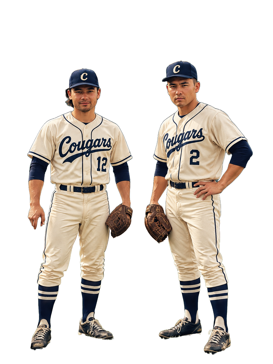 Two baseball players from the Cougars team in cream and navy uniforms, standing with gloves, against a plain background.