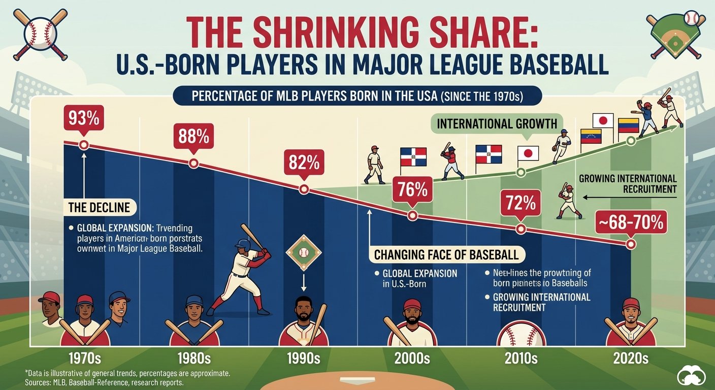 Infographic showing the decline and recent increase of U.S.-born players in major league baseball since the 1970s, with percentages and illustrations of players from different eras.