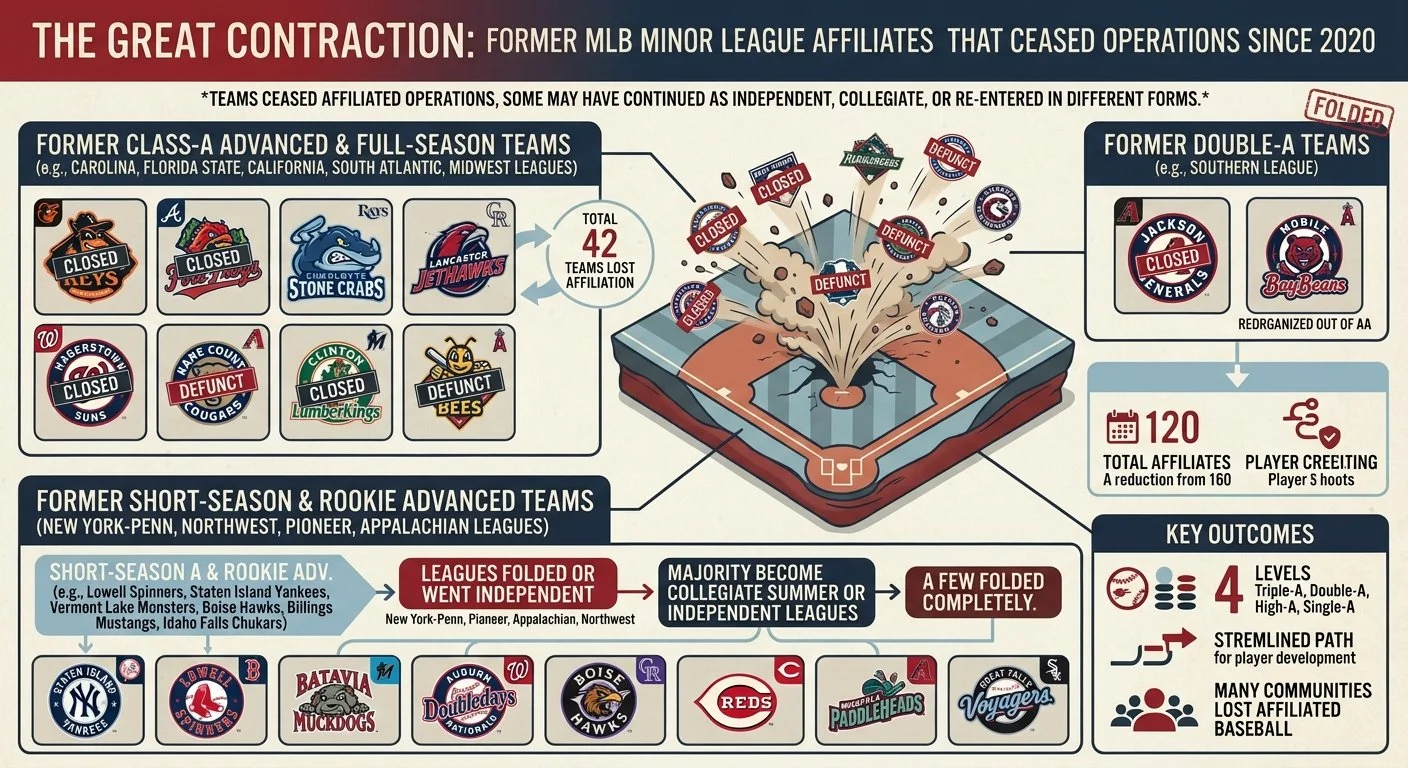 Infographic about the disbandment of minor league baseball affiliates since 2020, showing formerly Class-A, Double-A, and Rookie teams with logos and status, and key outcomes like number of affiliates and player creelings.