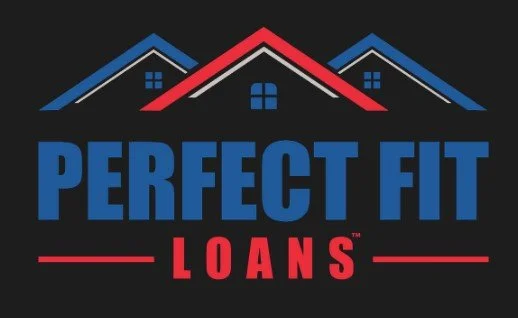 Logo for Perfect Fit Loans featuring stylized house rooftops in red and blue with the company name in bold blue and red text.