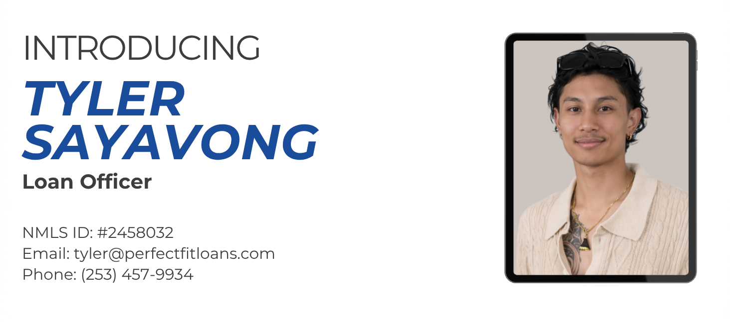 Business card introducing Tyler Sayavong, Loan Officer, with a photo of Tyler smiling, wearing glasses on his head, a beige jacket, and tattoos visible on his chest, with contact information including an email and phone number.