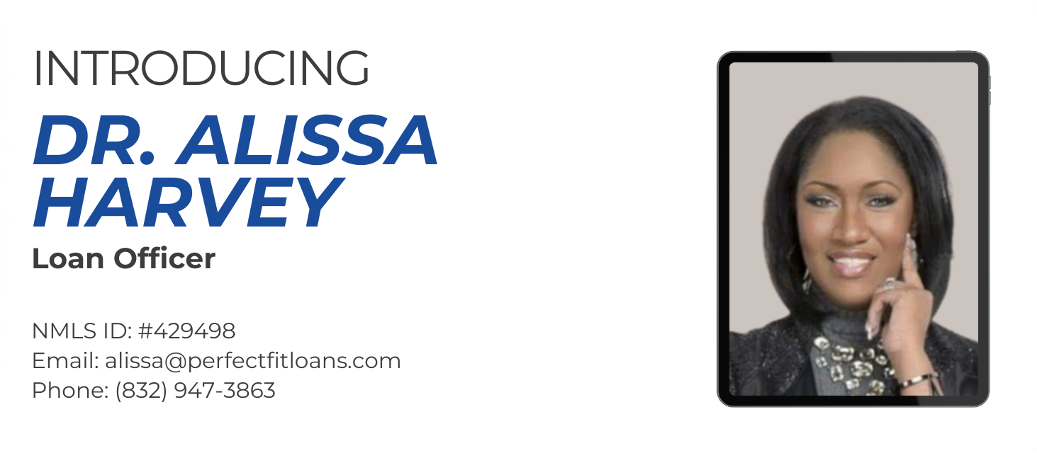 Business card introducing Dr. Alissa Harvey, Loan Officer, with a portrait of her smiling and touching her face, wearing a black blazer with jewelry.