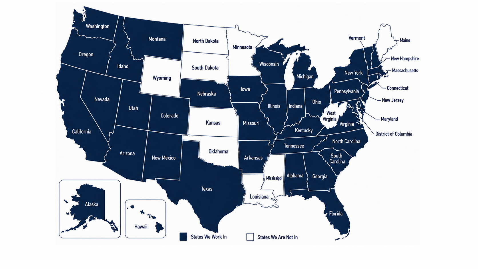 Map of the United States highlighting the states where the company works in dark blue, and states where it does not work in white. Alaska and Hawaii are inset, both shaded dark blue.