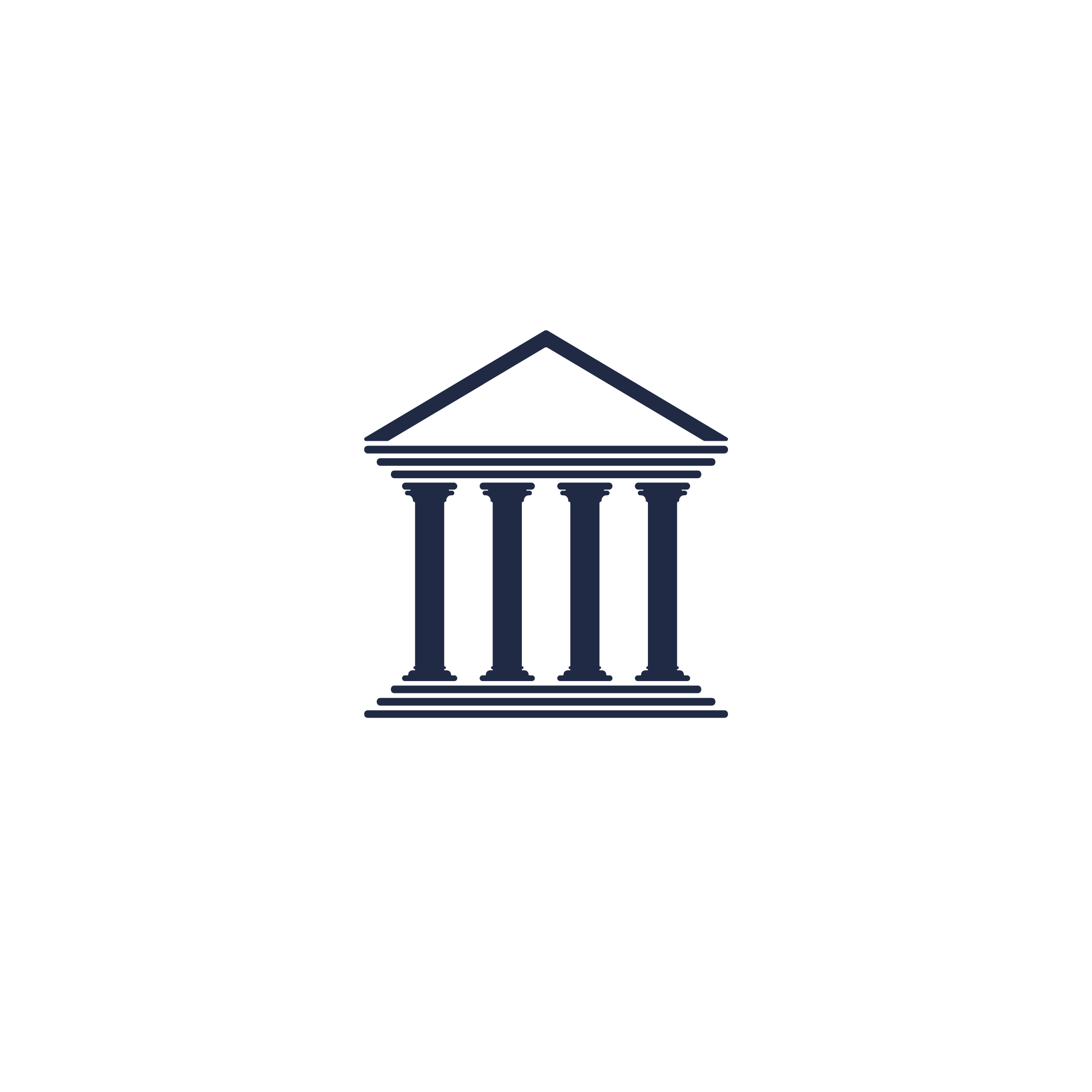 Icon of a classical building with columns, representing a government or legal institution, placed inside a white circle on a black background.