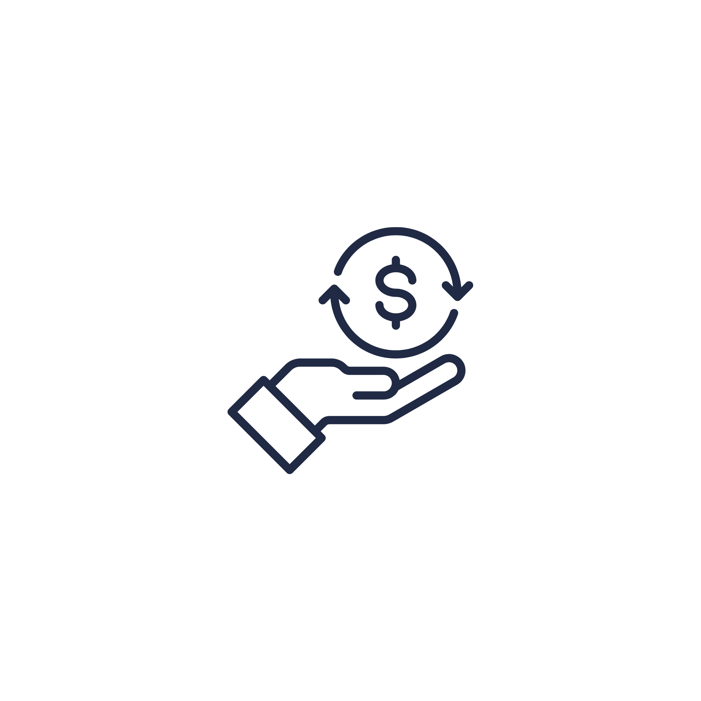 Line drawing of a hand holding a smartphone with a dollar sign and arrows indicating a dollar exchange or transaction.