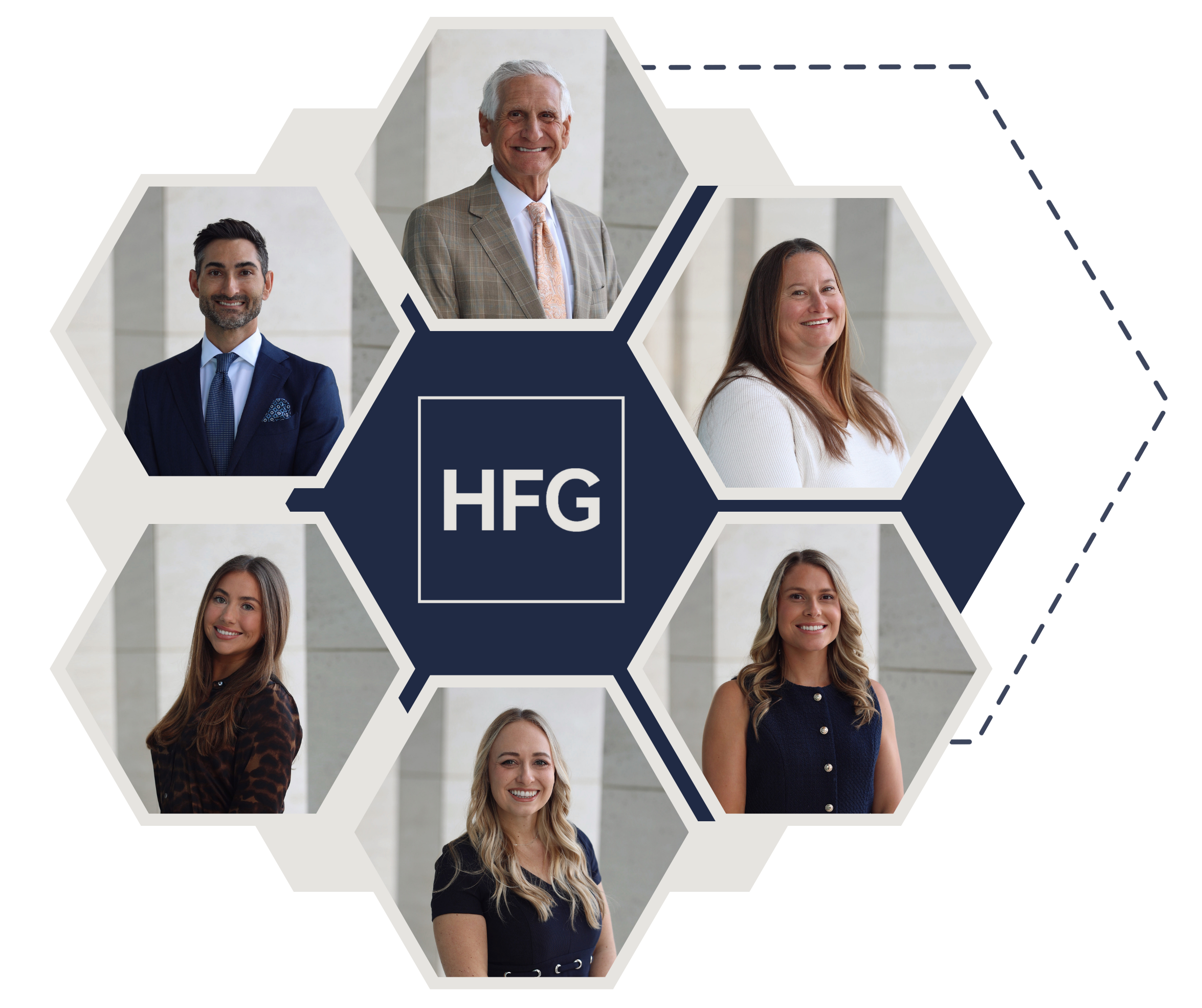 Collage of professional headshots of diverse individuals, arranged in hexagons with a central Hex logo.
