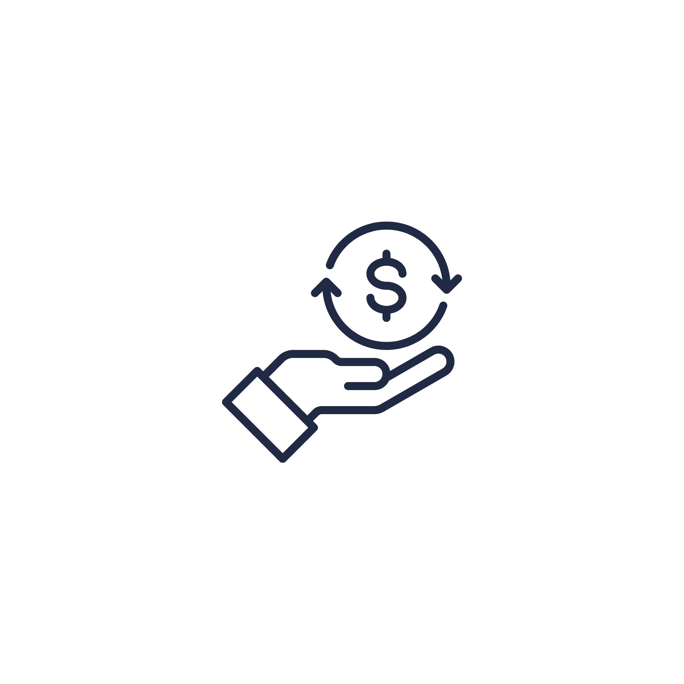 A minimalistic icon of a hand holding a smartphone with a dollar sign and arrows indicating money transfer or exchange.