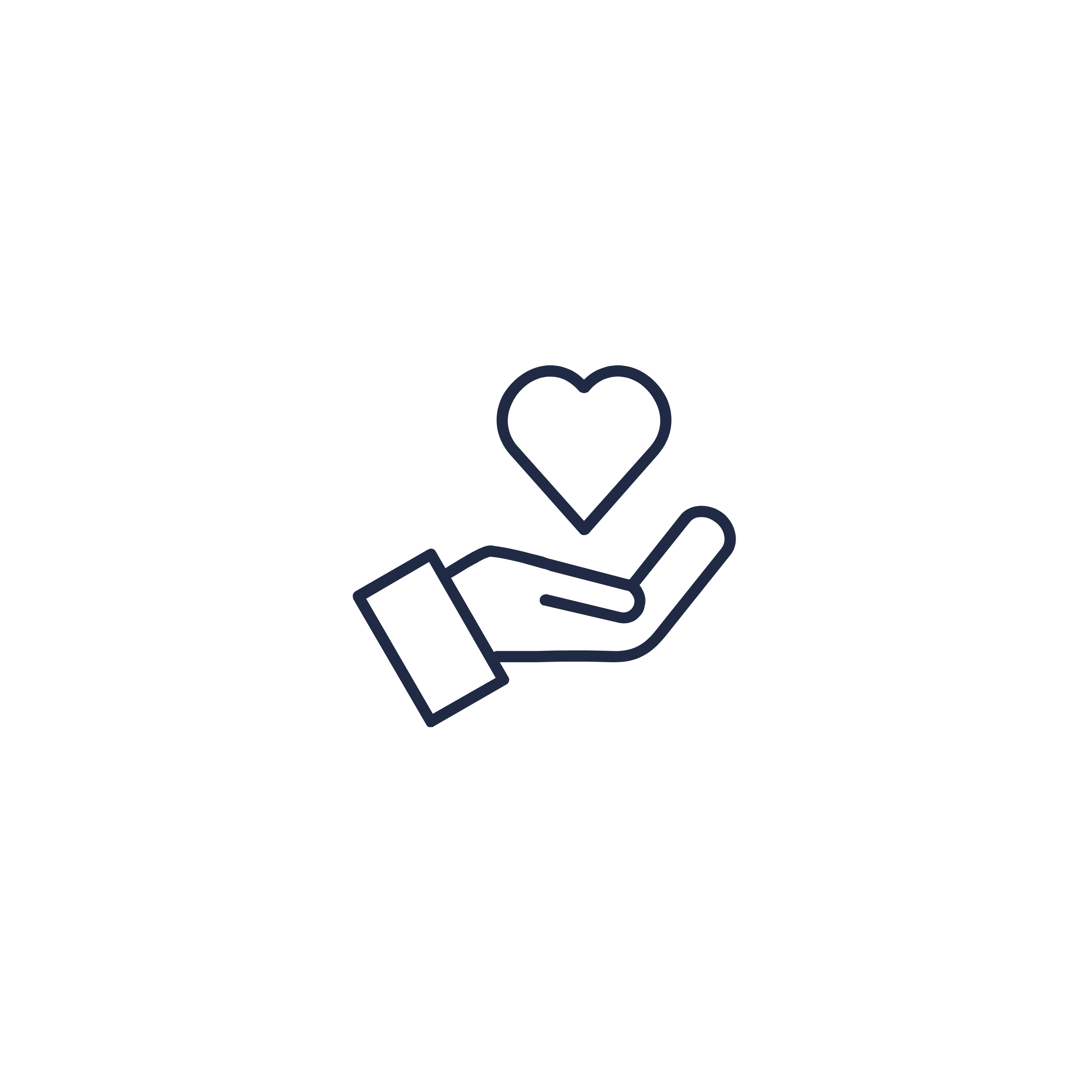 Line drawing of a hand holding a smartphone with a heart symbol on the screen, on a white circular background.