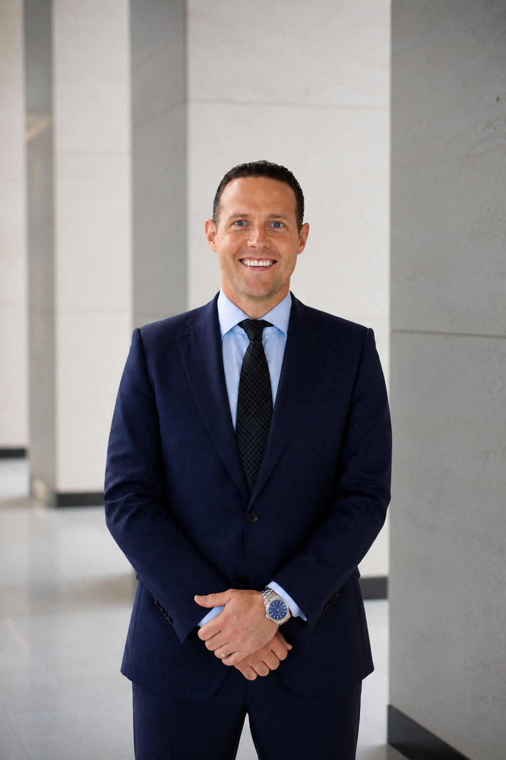 A professional man in a navy suit and tie standing in a modern building with light-colored walls.