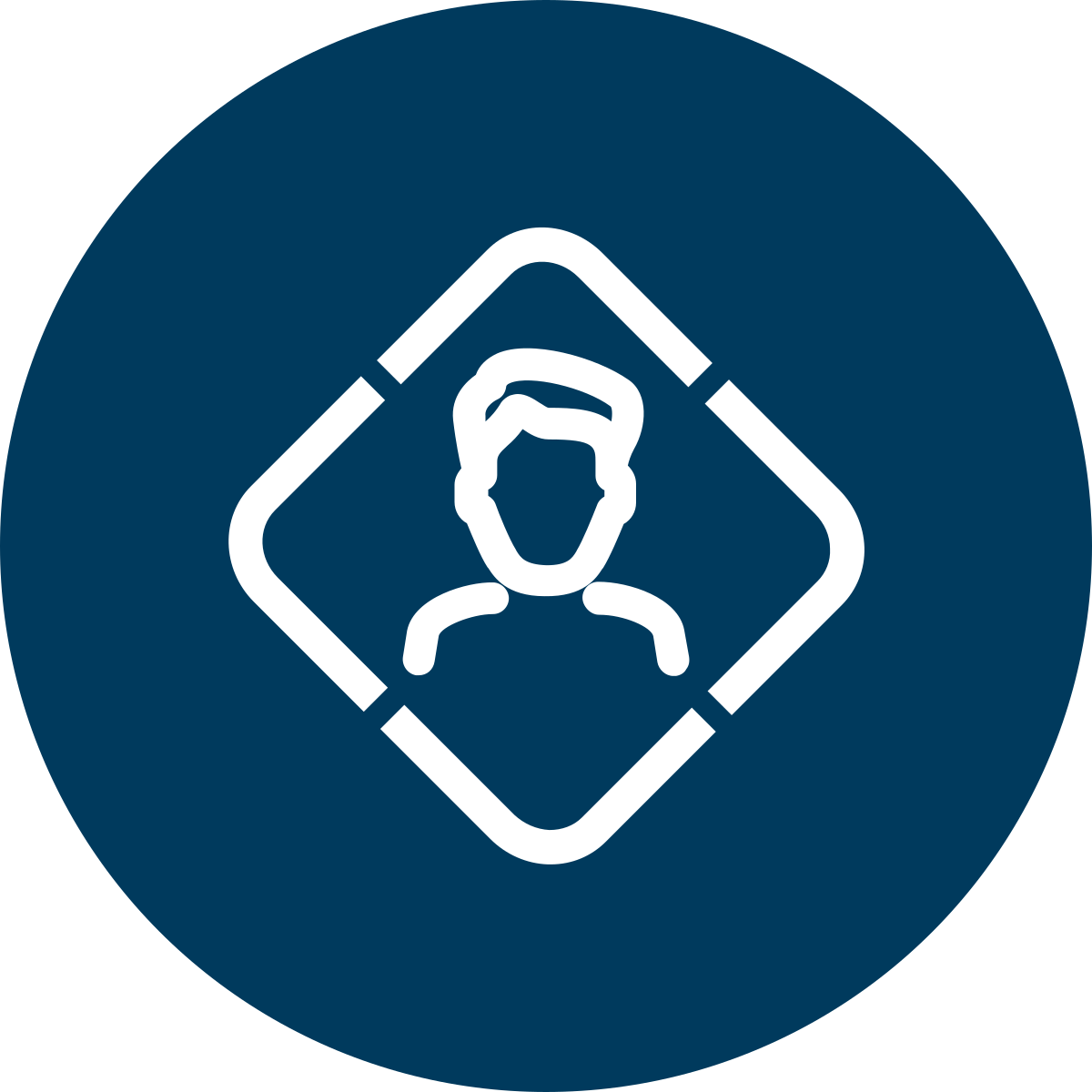 Icon of a person with a beard inside a diamond shape, on a dark blue circular background.