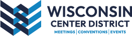 Logo of Wisconsin Center District with a blue geometric design and text in dark blue and light blue.