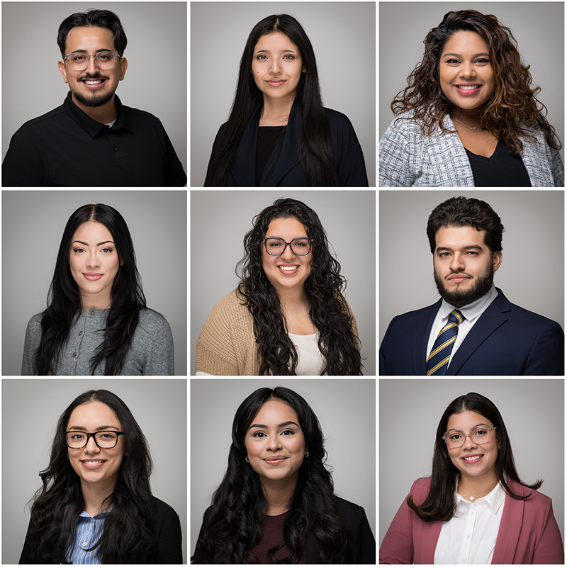 Collage of nine diverse professional headshots with gray background, featuring men and women in business attire.