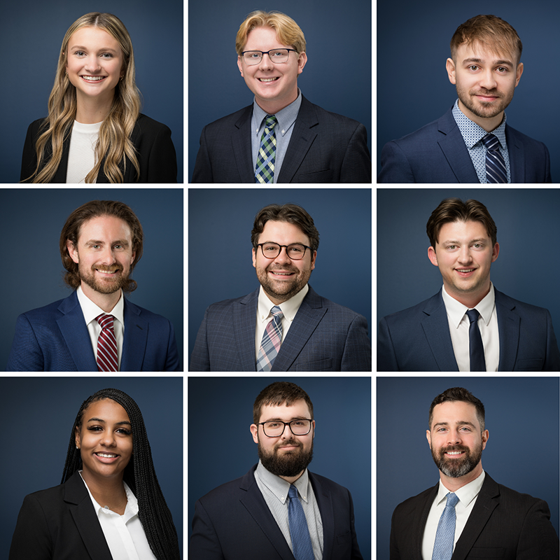 Collage of nine professional headshots of diverse men and women in business attire against a blue background.