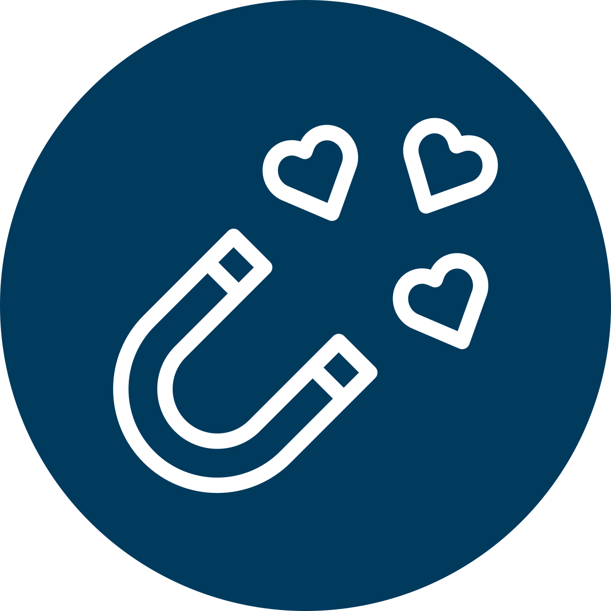 A magnet attracting three hearts, symbolizing love or affection.