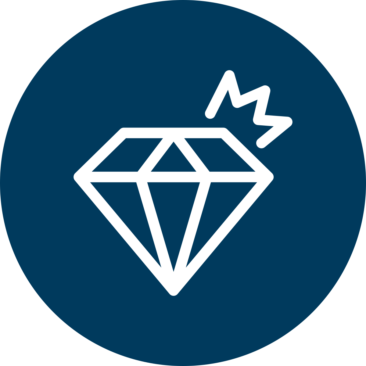 Icon of a diamond with a lightning bolt above it on a dark blue circular background.