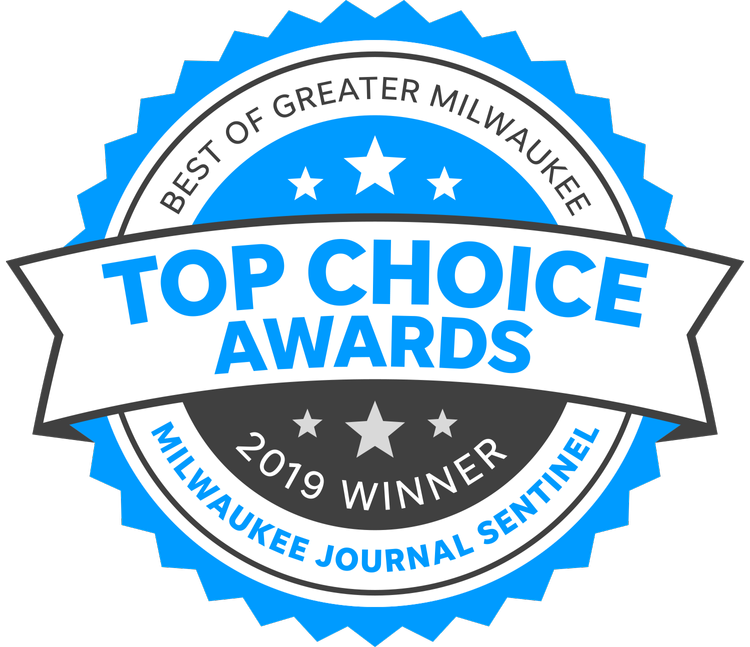 Blue, black, and white award badge for best of greater Milwaukee, 2019 winner, from Milwaukee Journal Sentinel, titled Top Choice Awards.