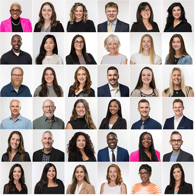 A collage of 30 diverse professionals, including men and women of various ages and ethnicities, dressed in business or casual attire, smiling against a white background.