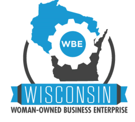 Graphic of the state of Wisconsin with a gear and 'WBE' inside, and a blue banner with 'WISCONSIN,' representing Woman-Owned Business Enterprise.