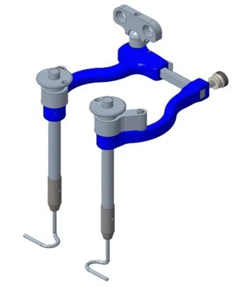 A mechanical device with two vertical metal rods connected by a blue horizontal arm, featuring adjustment knobs and hooks at the ends.