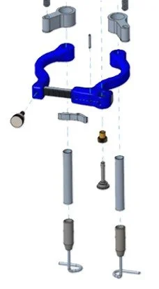 Diagram of mechanical components, including blue and gray parts, rods, and small fittings, displayed in exploded view.
