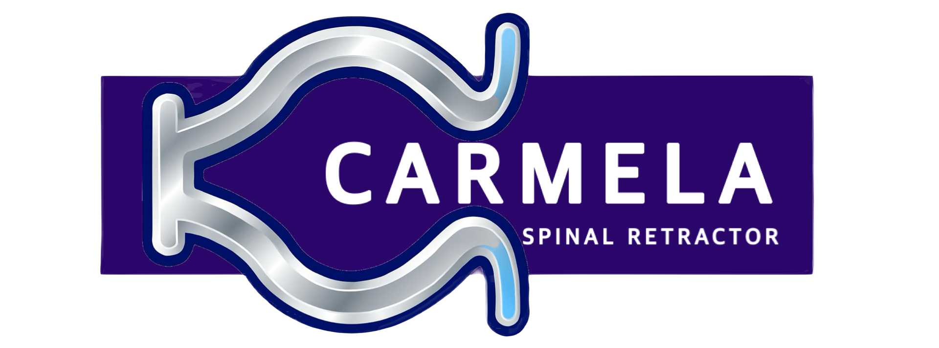 Neon sign shaped like a fish with the words "Carmela Spinal Retractor" on a purple background with a pink margin.