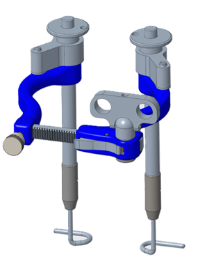 A detailed 3D model of a mechanical or industrial assembly, featuring a combination of gray, blue, and metallic parts, including pipes, bolts, and a flexible hose.