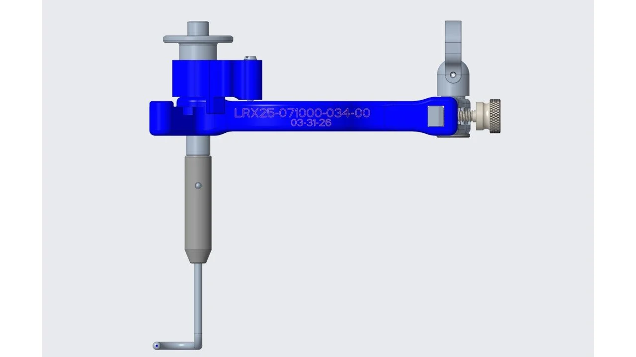 A mechanical device with a blue arm, a gray cylindrical component, a vertical gray rod, and a lever with a knurled adjustment knob, possibly a precision instrument or tool component.