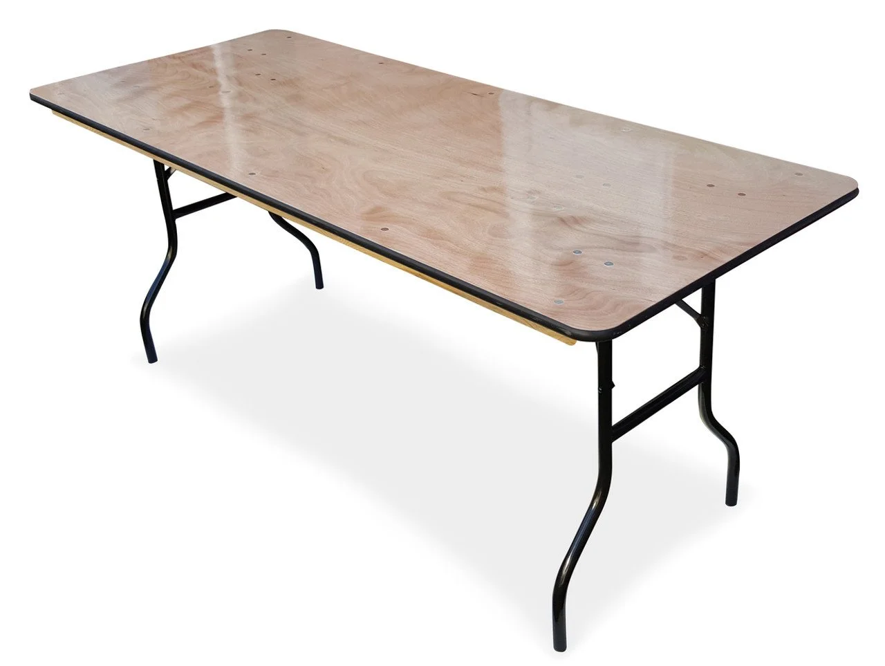 A rectangular table with a wooden top and black metal legs, isolated on a white background.