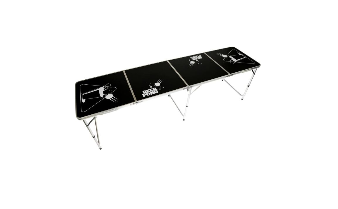 Black ping pong table with graphic designs, including flames, a beer mug, and the text 'BEER PONG', with foldable metal legs.
