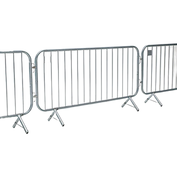 Metal crowd control barriers with yellow safety caps on base feet, set up on a gray surface against a black background.