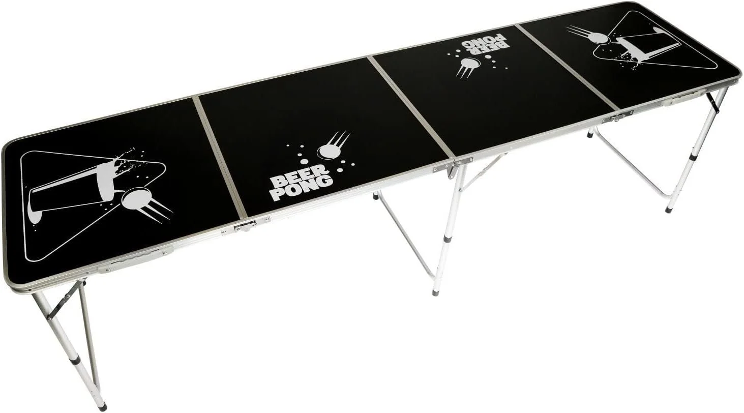 A foldable beer pong table with a black surface, displaying white graphics including a beer mug, a fork with splashes, and the words 'BEER PONG' in white.