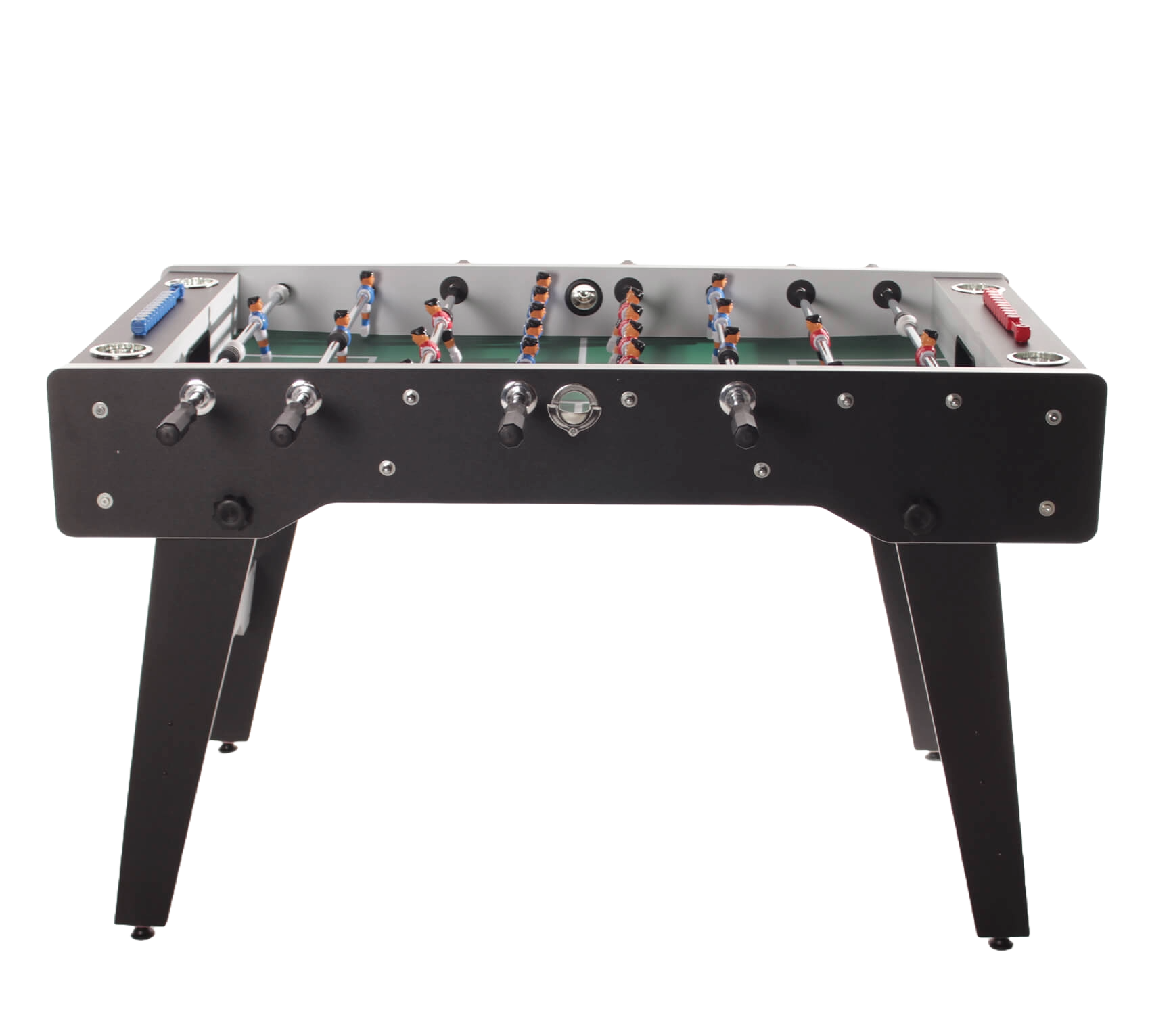 Foosball table with miniature players and a digital circuit display beneath.
