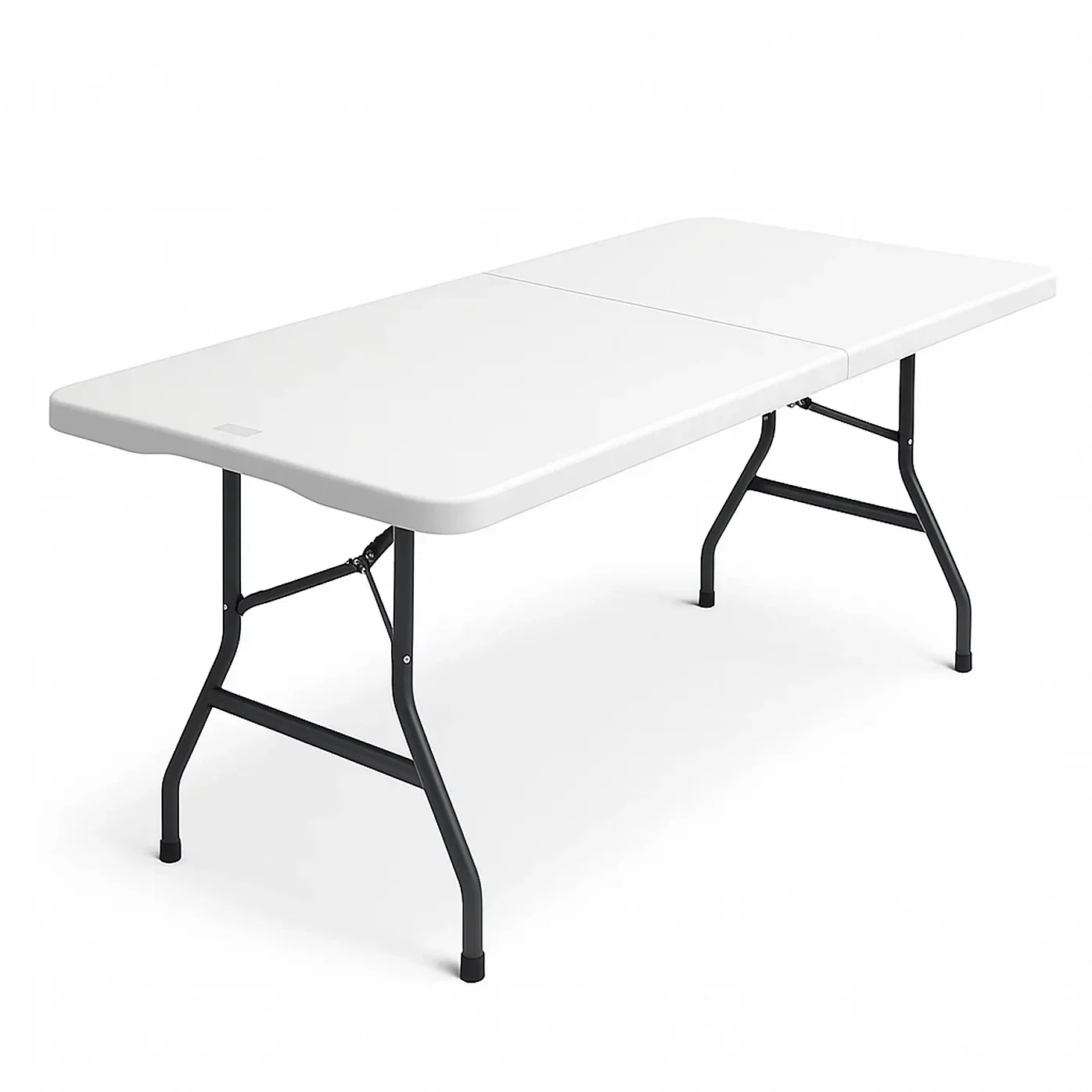 A large, white folding table with black metal legs on a plain white background.