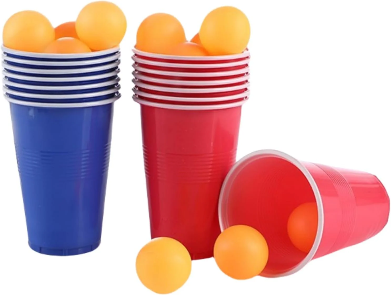 Stacked blue and red plastic cups filled with orange ping pong balls, with some balls spilled outside the cups.