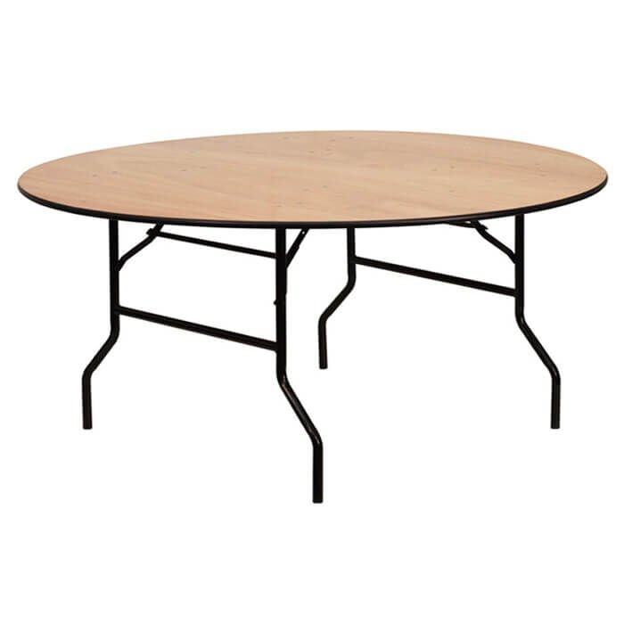 Round table with a wooden top and metal legs.