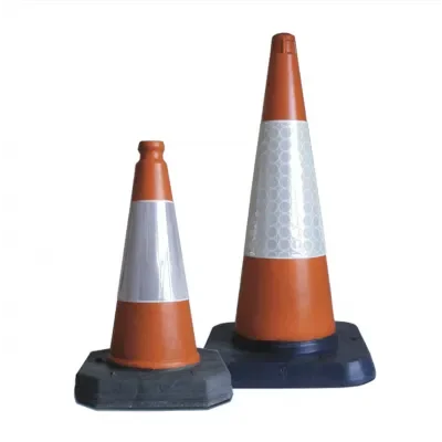 Two orange and white traffic cones on black bases, one small and one tall, against a white background.