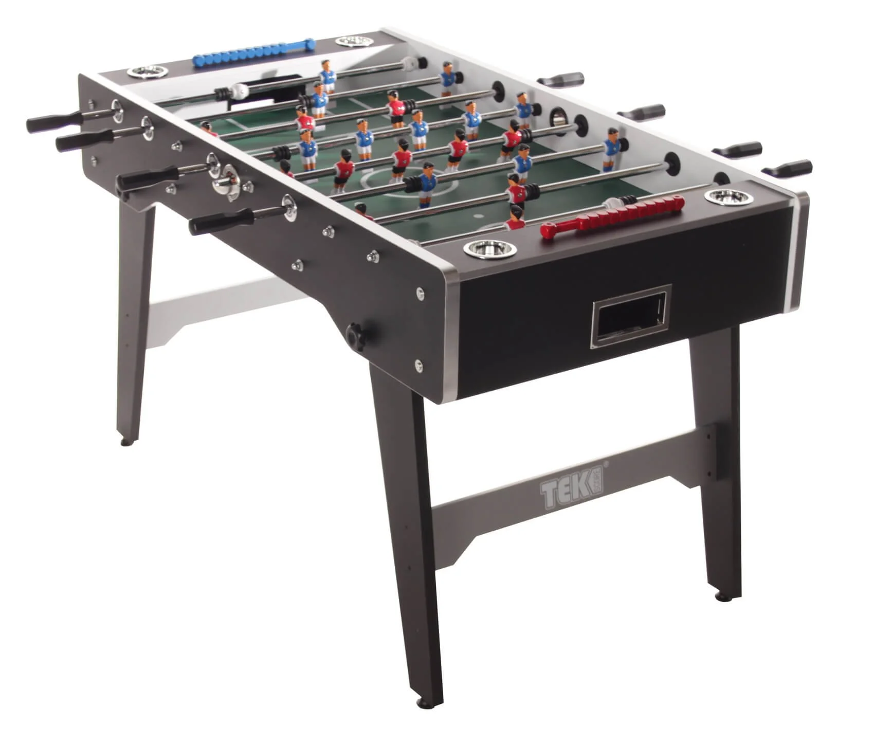 Foosball table with blue and red players and rods for gameplay.