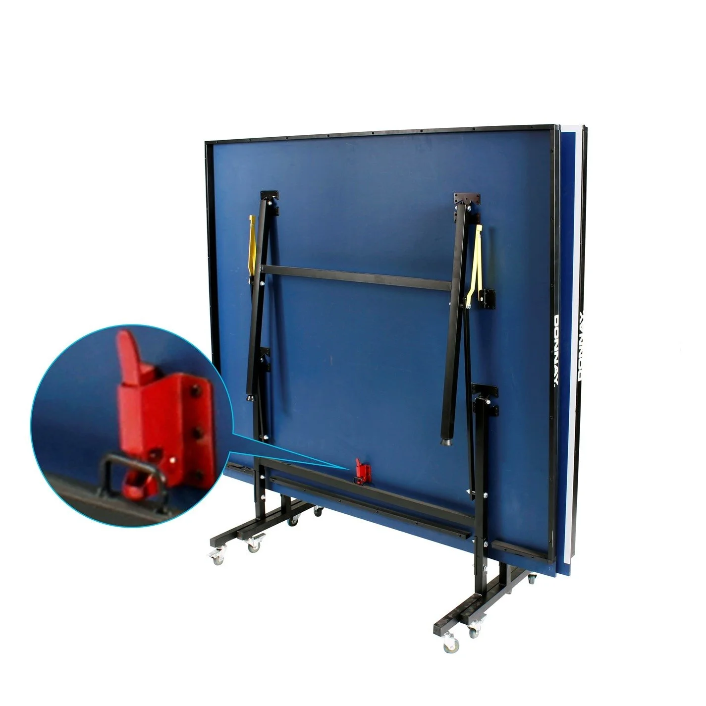 A blue foldable ping pong table with black metal supports and rollers, shown in its folded storage position.