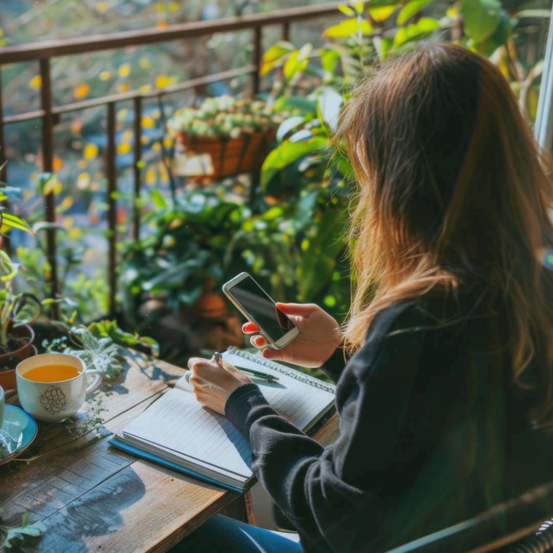Tailored Interventions:Every plan is intentionally crafted, covering precision hormone optimization, lifestyle, and nutrition. A woman w/brown hair sitting at a on a balcony, with a smartphone, notebook, pen, a cup of tea, and plants around her.