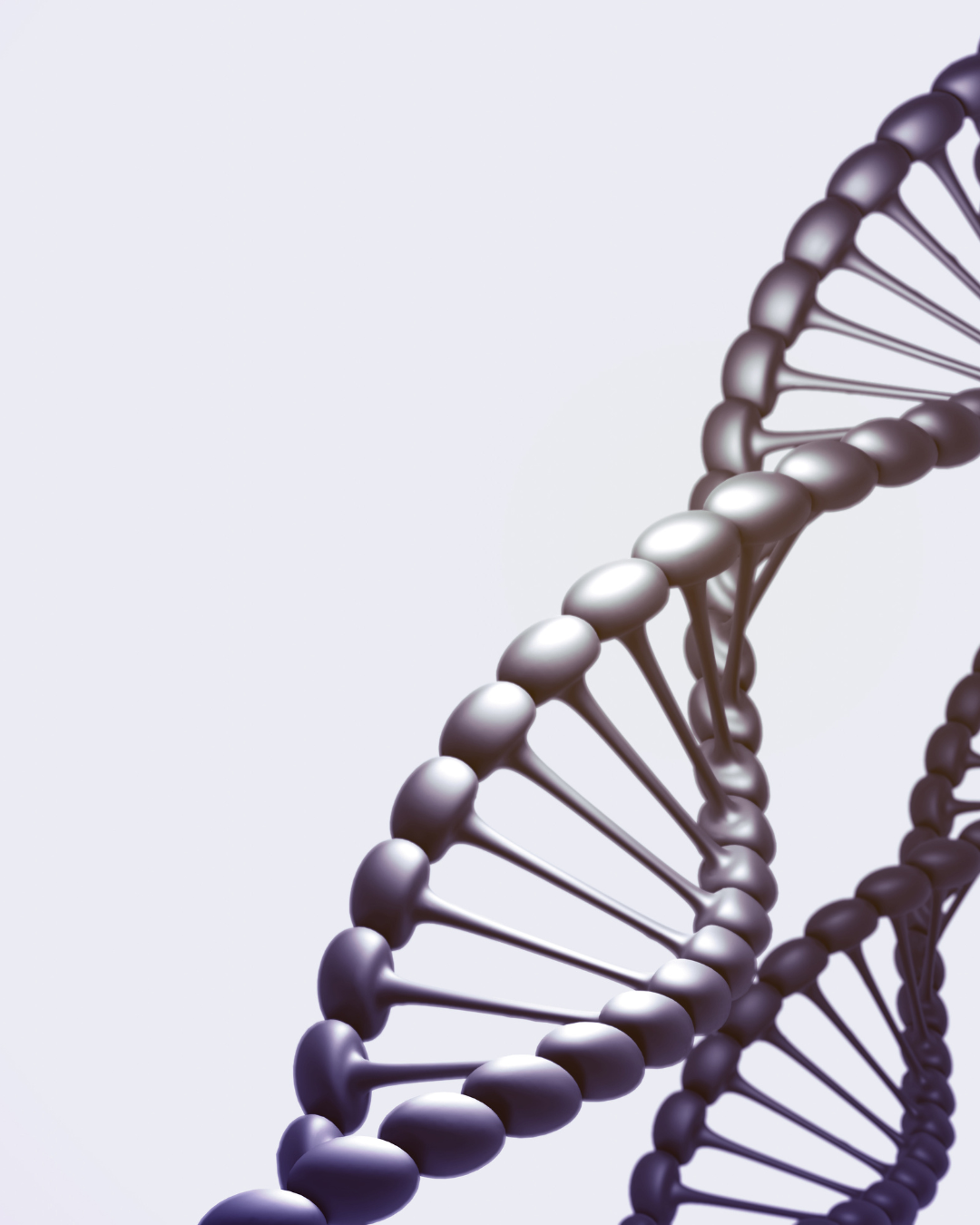 Close-up view of a metallic DNA double helix structure on a light background. At Balance and Bloom Hormones, we treat each patient differently with specific treatments tailored to optimized testing.