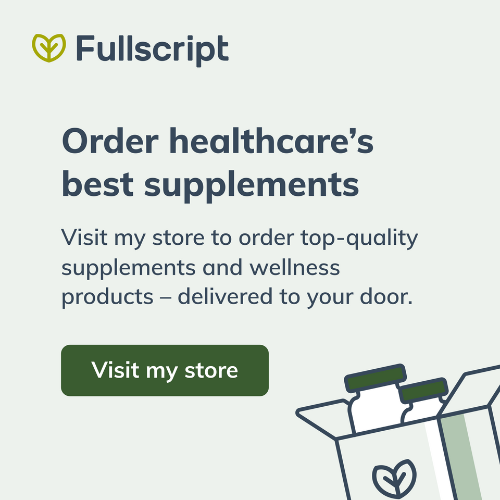 Advertisement for Fullscript promoting healthcare supplements with a logo, slogan, call-to-action button, and a partial illustration of a shopping bag with green bottles.