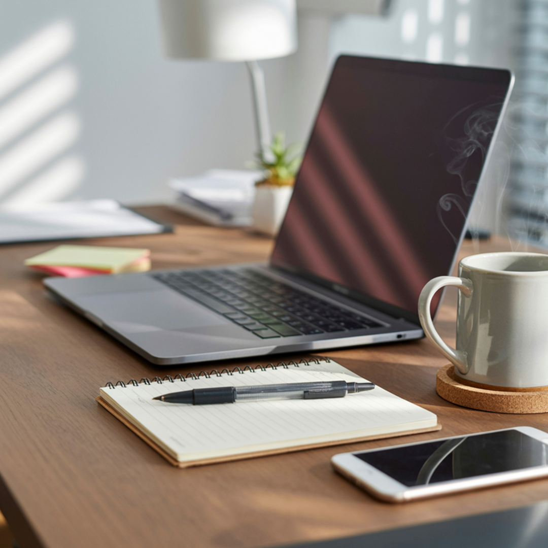At Balance and Bloom Hormones, enjoy unlimited appointments with your menopause trained clinician and a guaranteed 24-hour response to messages with your provider. Img of laptop, notepad, pen, smartphone, coffee mug on a desk.