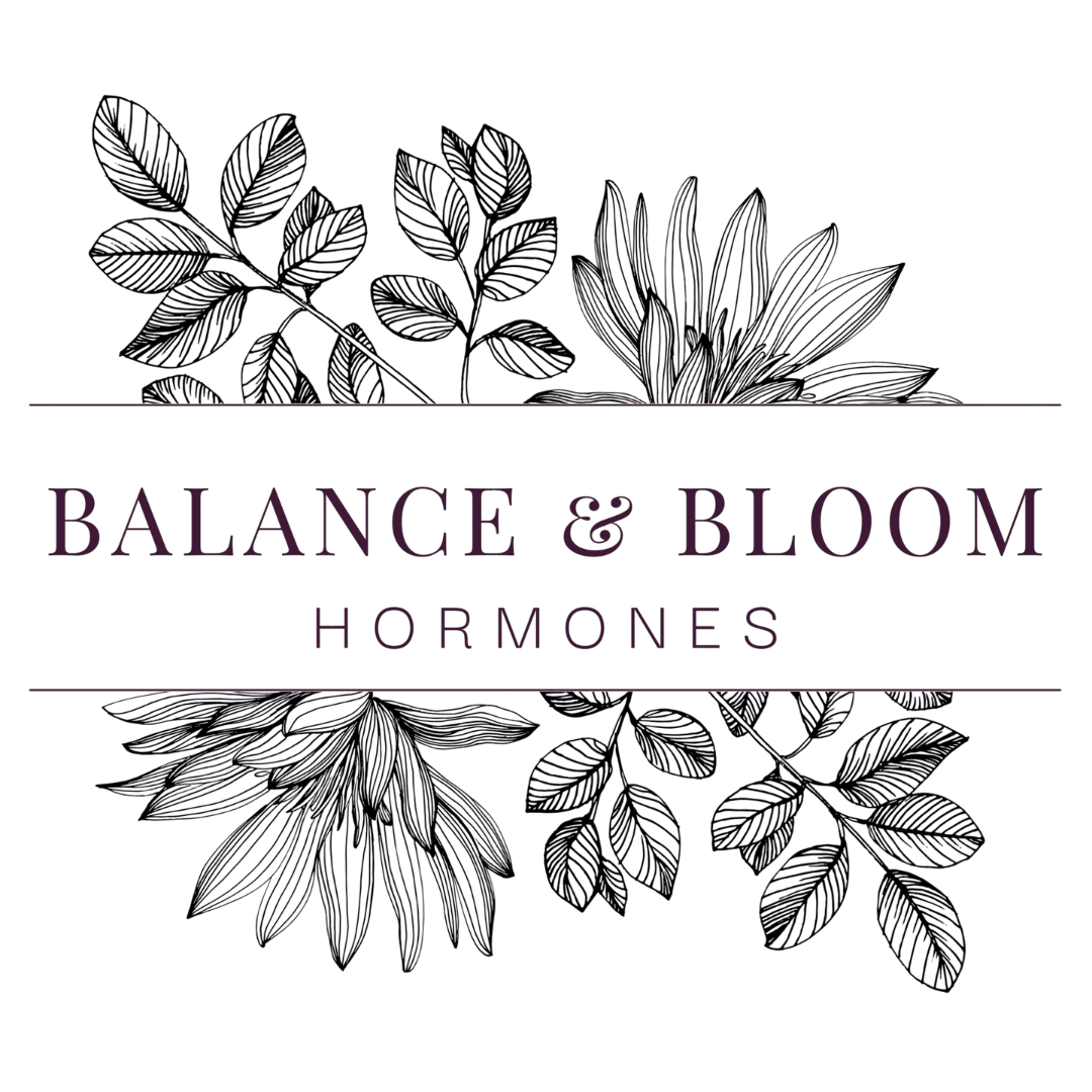 Balance and Bloom Hormones logo: name with leaves and blooms