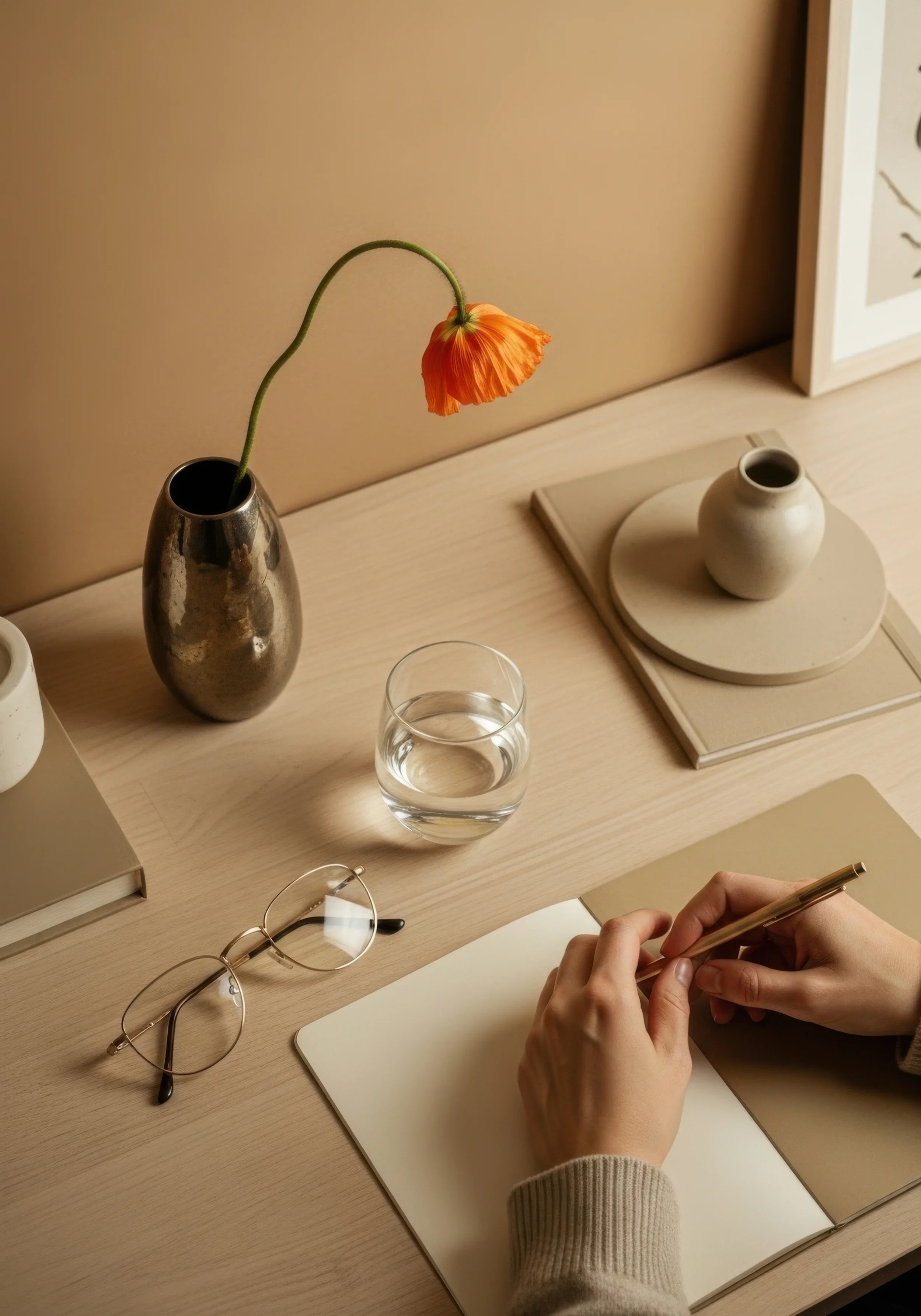 Hands holding a pen over a journal on a desk with a vase holding a single bloom for Balance and Bloom Hormone's Privacy Hub