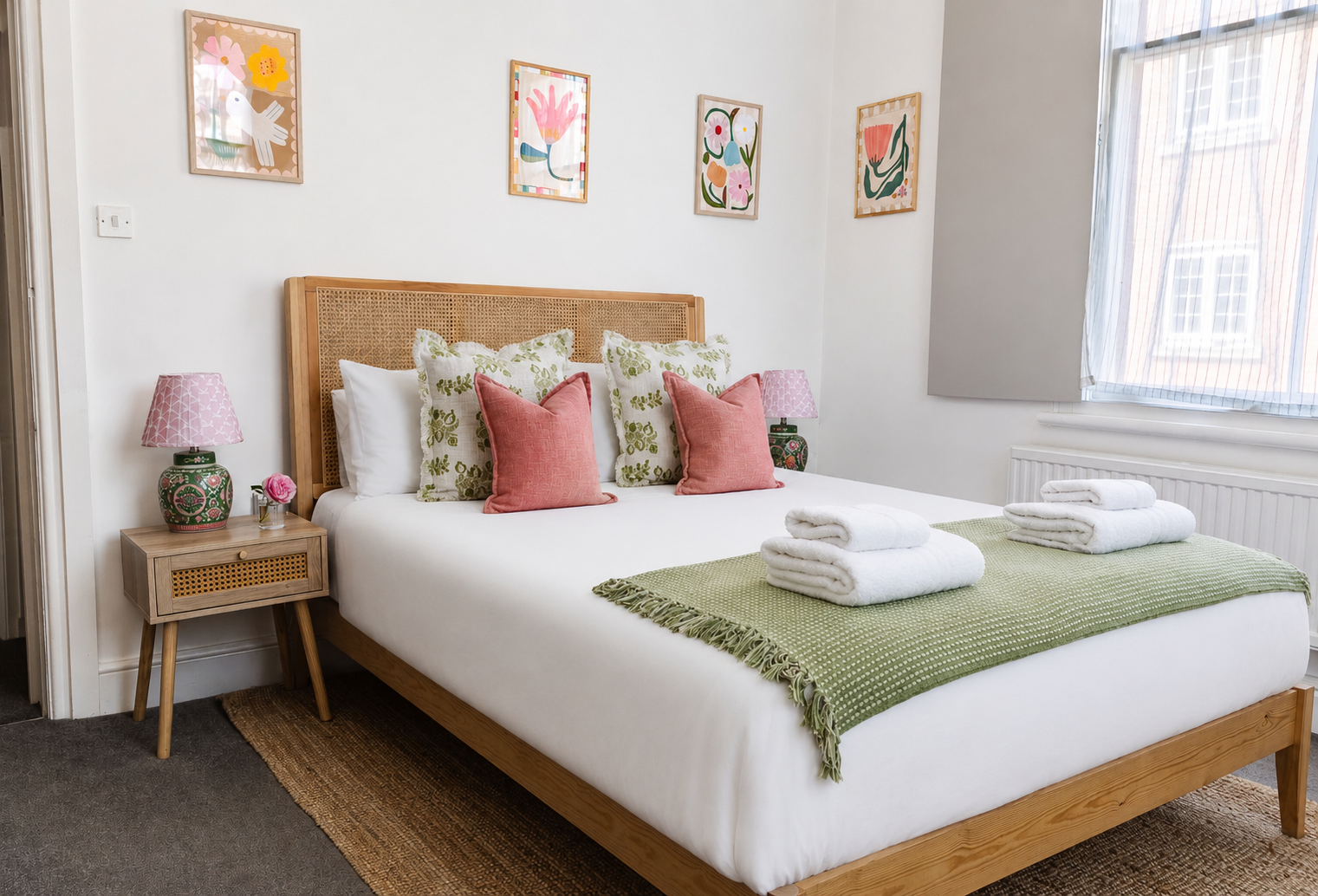 A neatly made bed with white sheets, decorated with green and pink pillows, a green throw blanket, and four folded white towels. The bed has a wooden headboard. Beside it are two wooden nightstands with pink lamps and decorative jars. Above the bed a