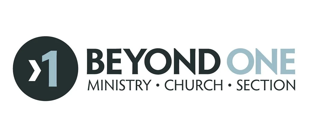 Logo for Beyond One Ministry Church Section featuring a black circle with a bold white arrow and grey number 1, alongside the words "BEYOND ONE" in large font and "MINISTRY · CHURCH · SECTION" underneath.