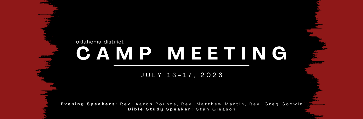 Graphic for Oklahoma district camp meeting, July 13-17, 2026, with black background, red borders, and white text listing evening speakers and Bible study speaker.