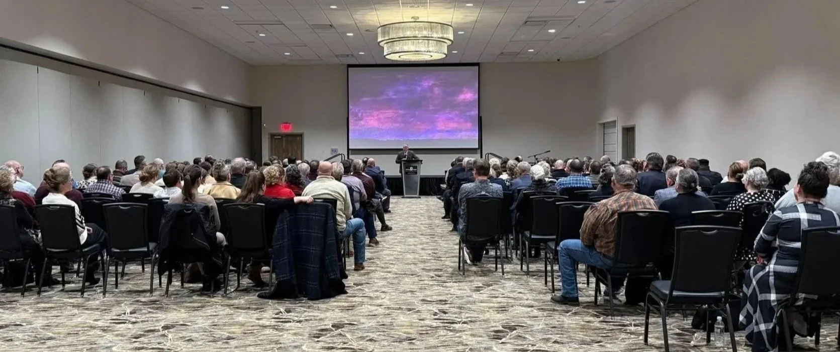 A large conference room filled with many attendees sitting in rows listening to a speaker at a podium. A big screen behind the speaker displays a colorful abstract image. The room has a patterned carpet and a chandelier hanging from the ceiling.
