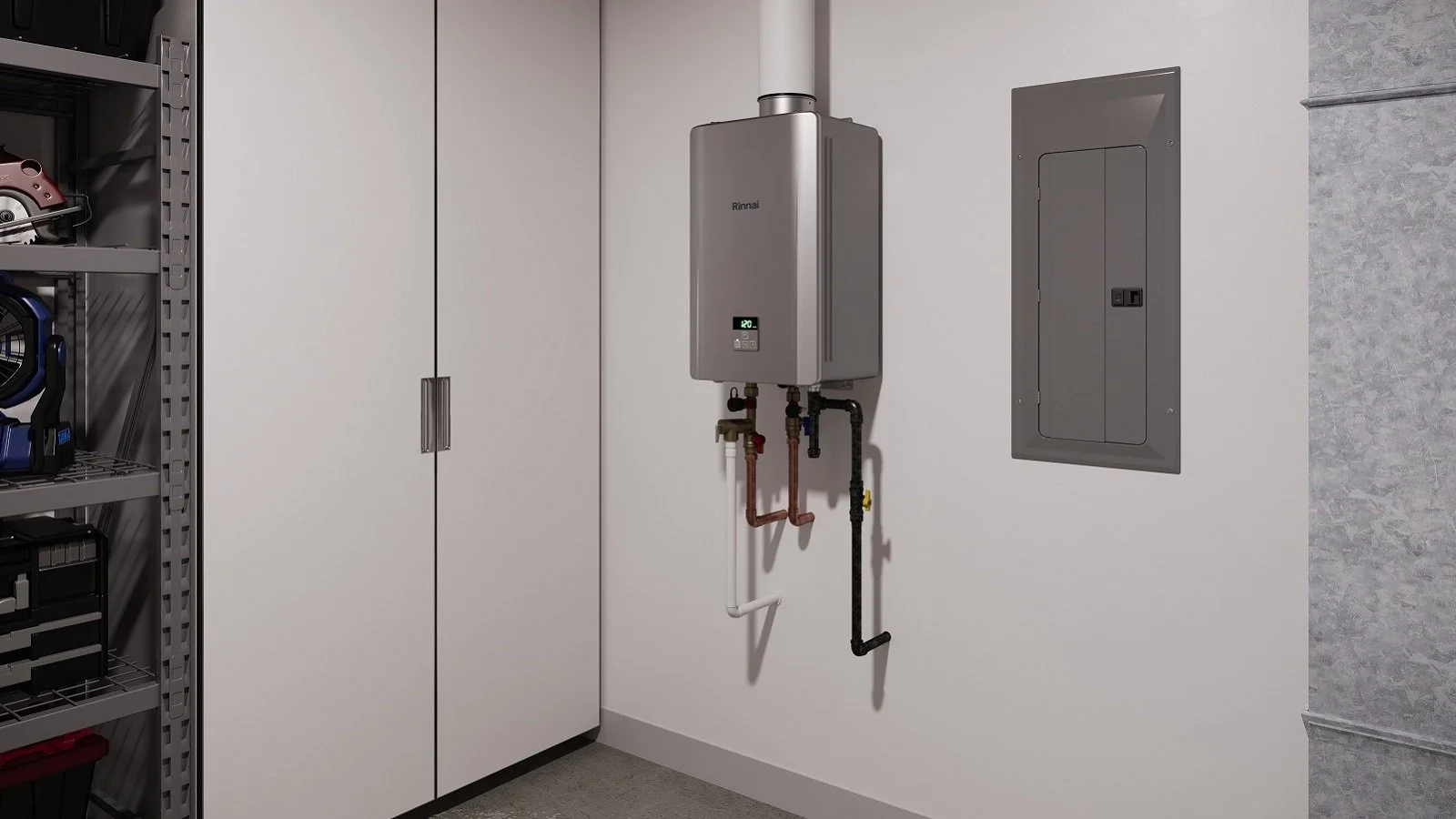 A utility room with an electronic water heater, a white cabinet with a handle, a gray electrical panel, and a gray metal shelving unit with tools and equipment.