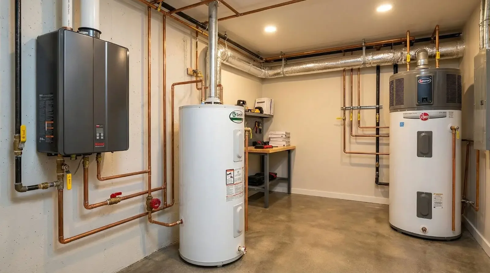 Utility room with water heater, boiler, and plumbing pipes.